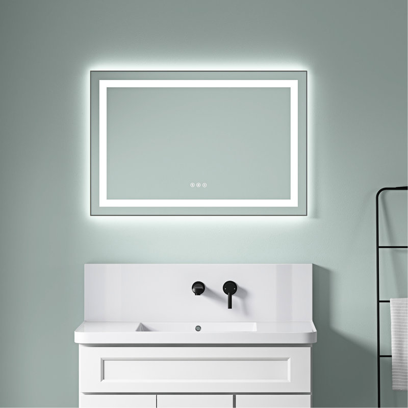 Miroir de salle de bain 36 po x 24 po à DEL avec façade et rétroéclairage, miroir de meuble-lavabo mural avec cadre en aluminium, antibuée, mémoire, 3 couleurs, gradation continue