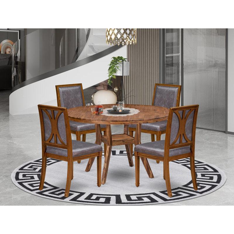 Ensemble de cuisine 5 pièces avec 4 chaises rembourrées en polyester et une table de petit-déjeuner, noyer antique