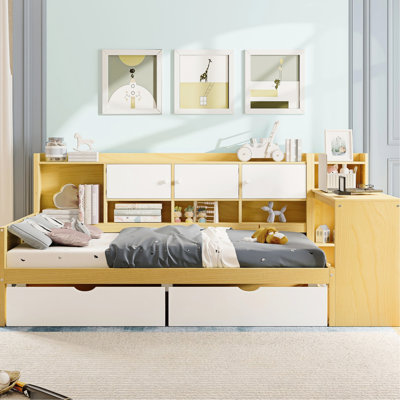 Lit de jour en L avec espace de rangement pour matelas simple - fini blanc naturel