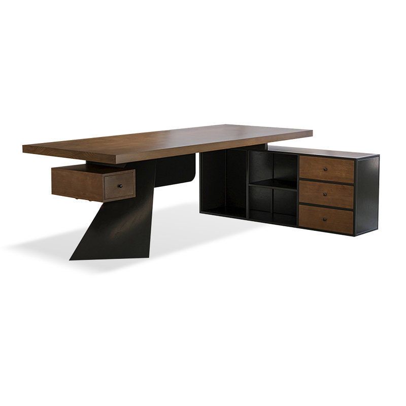 Bureau brun clair + bois massif rectangulaire noir + bureaux en fer, H 29,53 po x l 94,49 po x P 31,5 po, Retour à droite