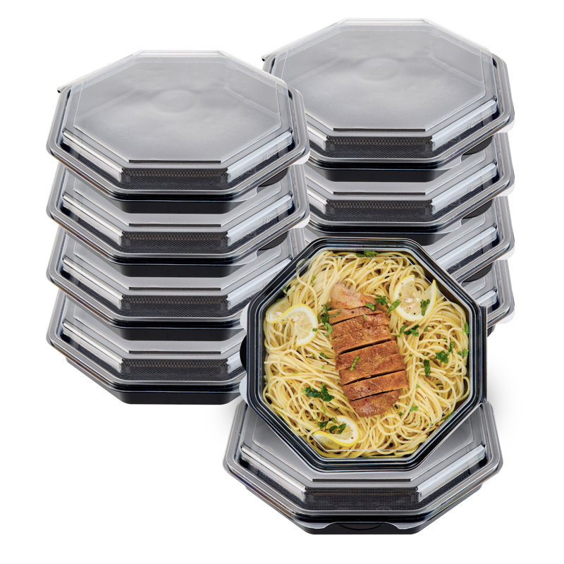 RW Base 9.06 x 9.06 x 2.09 Inch Food Containers, 100 Octagon Disposable Salad Containers - Durable, With Clear Lid, Black Plastic Food Containers, For Appetizers, For Cafes - Restaurantware