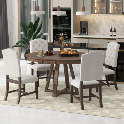 Tonecia 5-Piece Retro Style Functional Extendable Dining Set,Round Table with Leaf+4 Upholstered Chairs