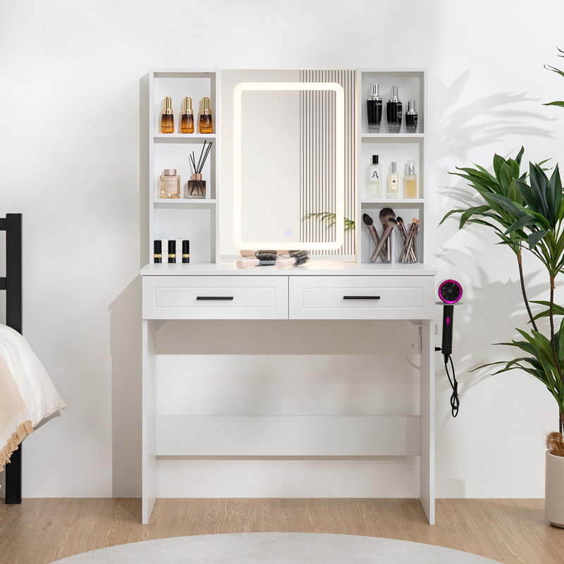 Meuble-lavabo de maquillage avec miroir à DEL intégré et prise de courant