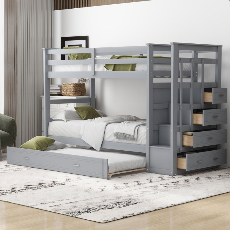 Bunk Bed With Trundle And Staircase, Grey, Twin Over Twin