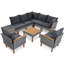 9 conversation de patio avec éléments en bois, canapé modulaire en PE, table basse, coussins épais et confortables, intempéries, pattes de mobilier d'extérieur et de table multi-configurations, canapé modulaire, structure, housses amovibles