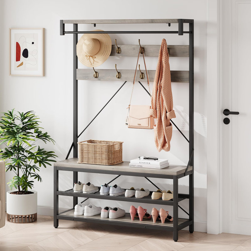 Hall Tree With Storage Bench Coat Rack Shoe Bench 4-In-1