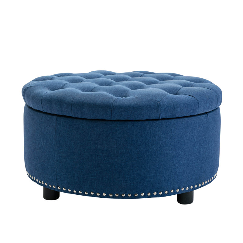 Claria Tufted Round Solid Colour Ottoman with Storage, Blue