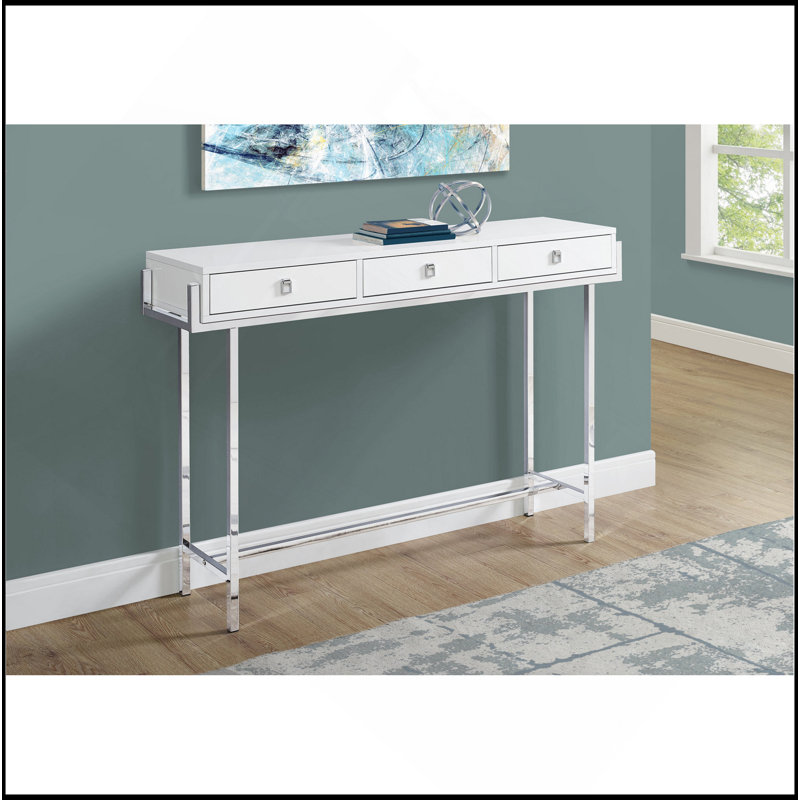 Accent Table, Console, Entryway, Narrow, Sofa, Storage Drawer, Living Room, Bedroom, Glossy White Laminate, Chrome Metal, Contemporary, Modern