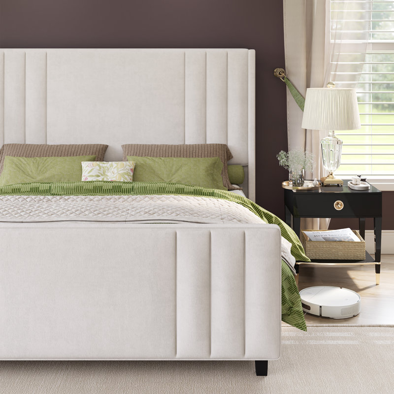 King Size Cream Velvet Upholstered Bed with Tufted Headboard