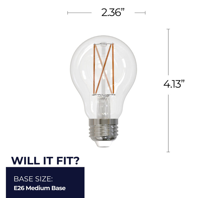Ampoule A19 8,5 watts à intensité variable avec finition en verre transparent et base moyenne (E26)