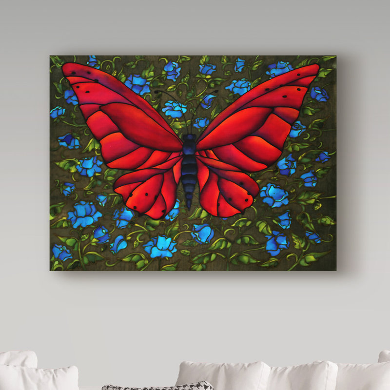 Reproduction de peinture acrylique sur toile tendue «Red on Blue Butterfly» Gulabacha, H 14 po x l 19 po x P 2 po