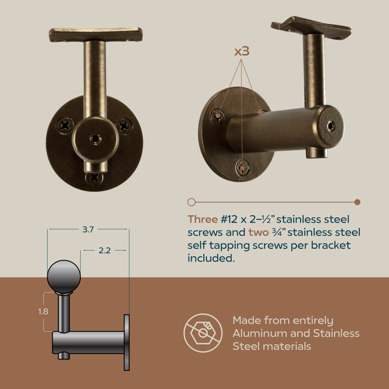 Industrial Aluminum 1.5 Inch Round Complete Indoor/Outdoor Handrail Grab Bar Kit, 48" W, Bronze