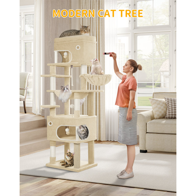 Cat Tree for Indoor Cats, Multi-layer Scratching Post with Large Platform, 2 Caves, 7 Sisal Posts, Pompoms, Cat Basket, Hammock, Suitable for Cats
