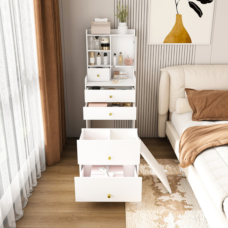 Meuble-lavabo multifonctionnel avec miroir à 3 températures de couleur, tabouret caché et 4 compartiments blancs pour l'organisation de la chambre à coucher Compact 31, tablettes de rangement sous le siège à densité moyenne