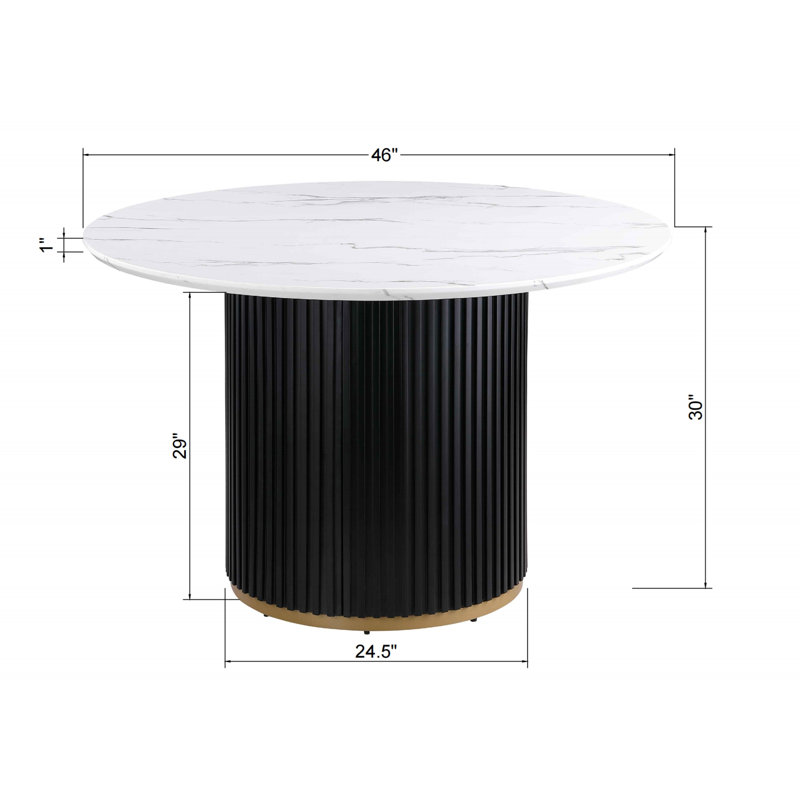 Ensemble de table de salle à manger moderne 46 po pour 4 personnes, plateau en faux marbre avec base en métal noir Wave et accent doré, parfait pour la petite cuisine et la salle à manger