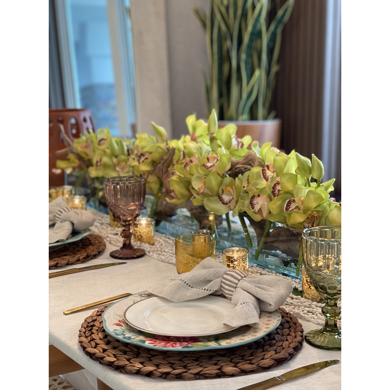 Driftwood Cymbidium Orchids Centerpiece in Glass Planter, 8" H x 48" W x 6" D, Green