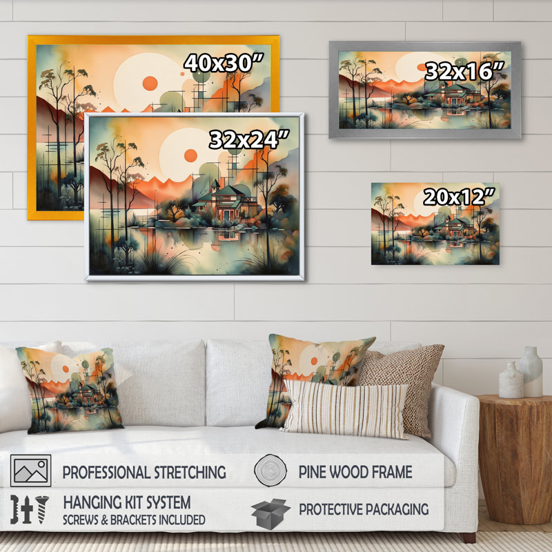 Coucher de soleil abstrait, maison sur l'eau I - Modern Landscape Beach, impressions sur toile, H 30 po x l 40 po x P 1,5 po