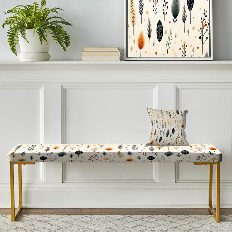 Boho Minimalism Beige Ferns Pattern II - Floral Upholstered Gold Bench