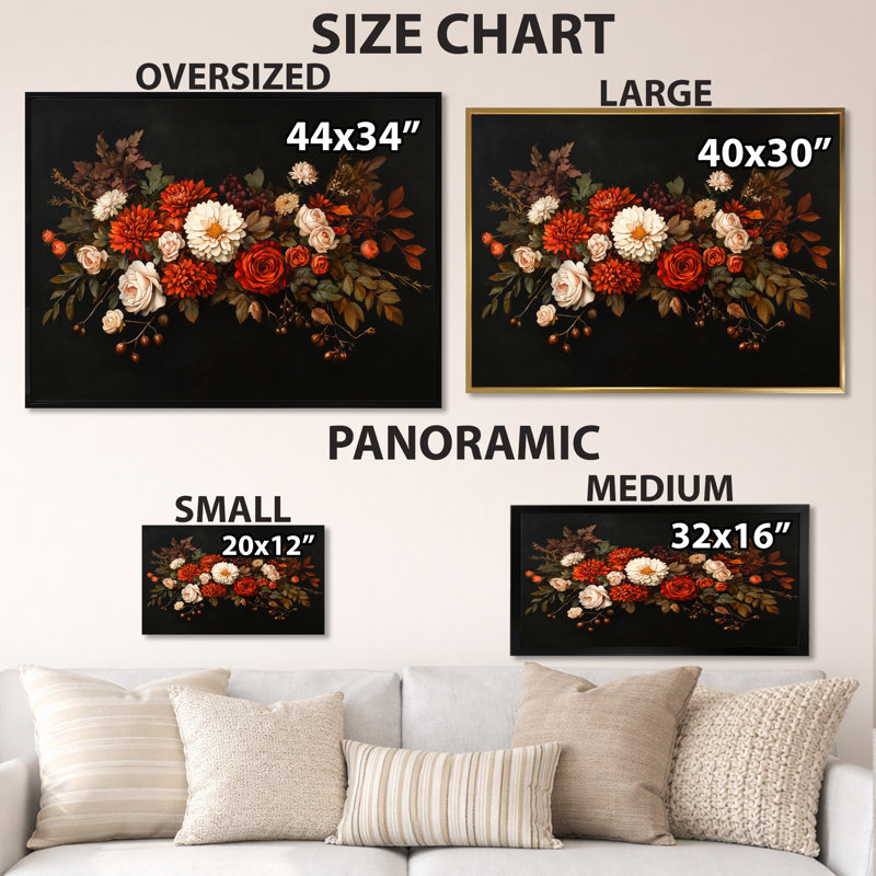 Cascade de fleurs écarlates - Décoration murale florale, H 24 po x l 32 po, Toile tendue