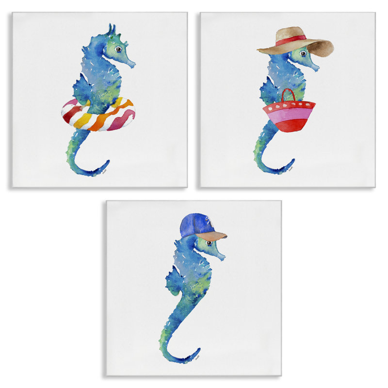 Fun Beach Ready Seahorses 3 PC Canvas Wall Art Set by Lanie Loreth