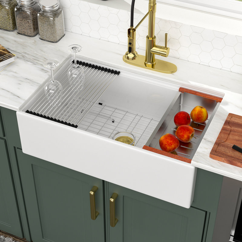 33" L x 20" W Farmhouse Kitchen Sink Workstation Sink White Ceramic Kitchen Sink Single Bowl Sink