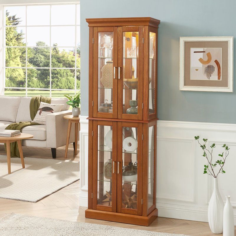 Oak Lighted Curio Cabinet with Tempered Glass Shelves