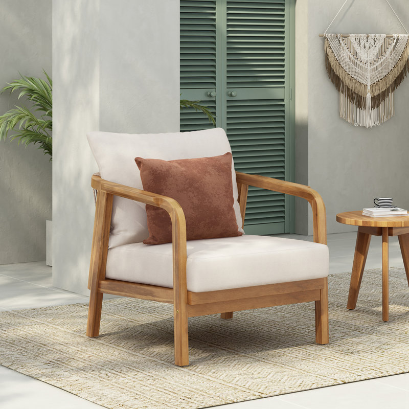 Chaise à structure en bois avec coussin moelleux et accoudoirs courbés, Naturel
