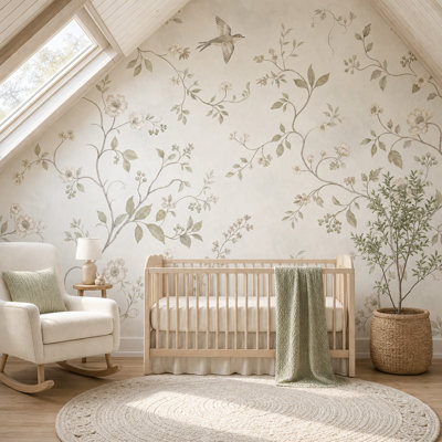 Botanical Vines Wallpaper Soft Floral Bird In Flight Wall Mural