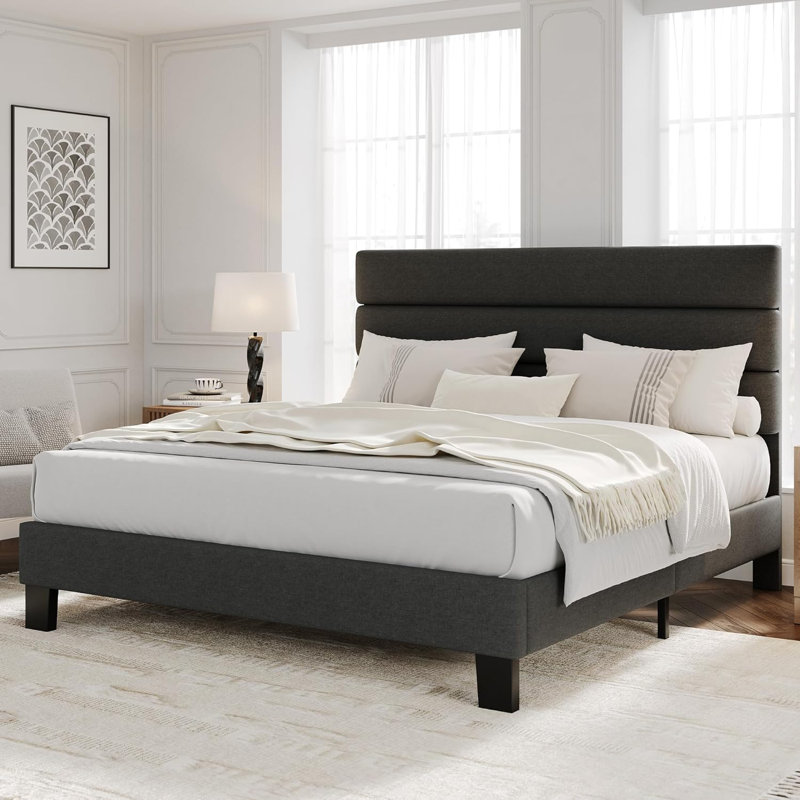 Platform Bed Frame with Adjustable Headboard, Fabric Upholstered and Wooden Slats Support, Heavy Duty Mattress Foundation, No Box Spring Needed, Easy Assembly