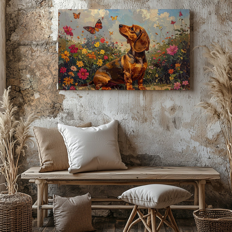 Toile rétro, art mural chiot et papillon, H 20 po x l 20 po