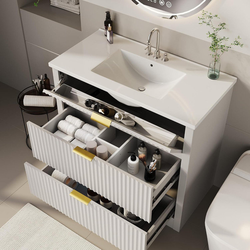 Fluted Farmhouse Bathroom Vanity with Integrated Ceramic Sink, 2 Drawers & Flip-Down Drawer, Freestanding Wood Storage Cabinet for Modern Bathrooms