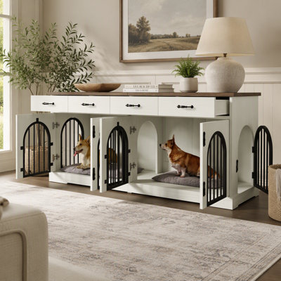 70.8" Large Dog Crate Furniture for 2 Dogs, Dog Kennel Indoor with Removable Divider Door and 4 Storage Drawers, End Table, Dog Crate TV Stand with 4 Doors for Medium Small Dogs, White and Brown