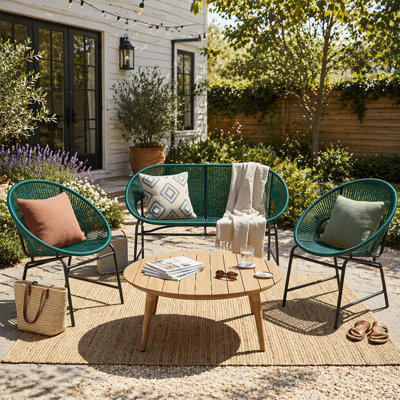 Ensemble de conversation d'extérieur 4 pièces, meubles en rotin PE bleu sarcelle et structure en fer avec table en bois d'acacia, parfait pour des sièges d'extérieur élégants et durables