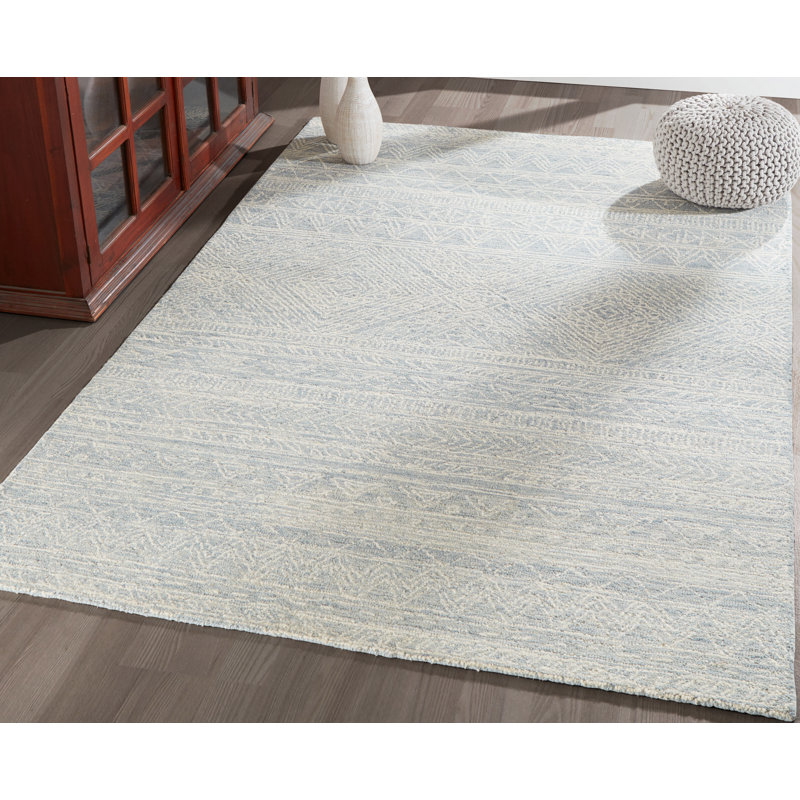 Tapis ivoire / bleu clair en laine bouclé / crocheté à la main Adhley, Rectangle 3 pi 6 po x 5 pi 6 po