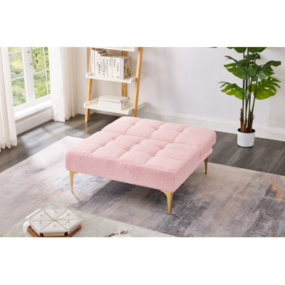 Convertible Single Sofa Bed Futon With Gold Metal Legs Teddy Fabric (Pink)