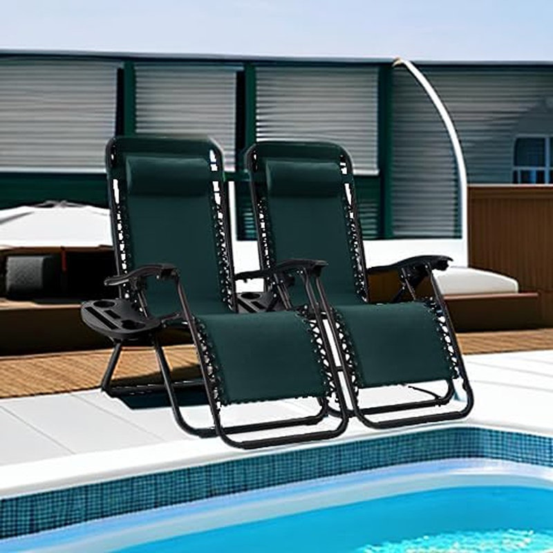 Set Of 2 Zero Gravity Lounge Chairs With Pillows & Cup Holders, Adjustable Steel Mesh, Forest Green