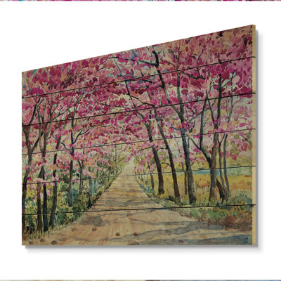 Chemin vers la forêt rose enchantée - peinture sur bois sans cadre