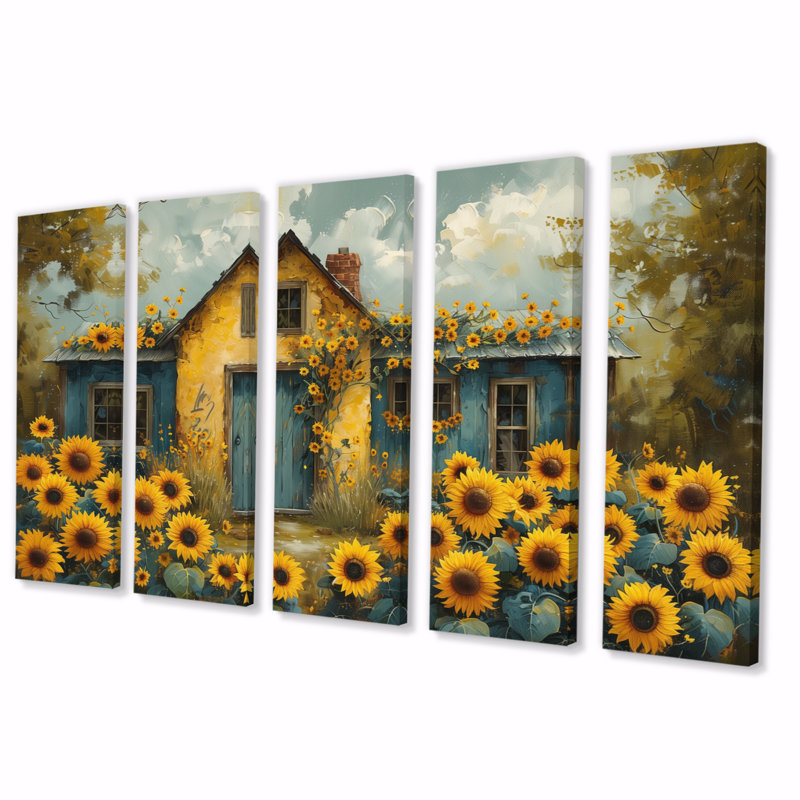 Jaune jaune brun champ de tournesols à la grange - ensemble d'art mural tournesols, H 32 po x l 80 po