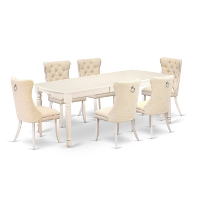 7 Piece Dining Set Includes a Rectangle Kitchen Table with Butterfly Leaf and 6 Polyester Fabric Upholstered Chairs, 42x78 Inch, linen white