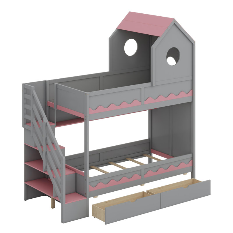Creative Loft Bed Combining House Play Area, Drawer Storage, Staircase, And Soft LED Lighting, Gray