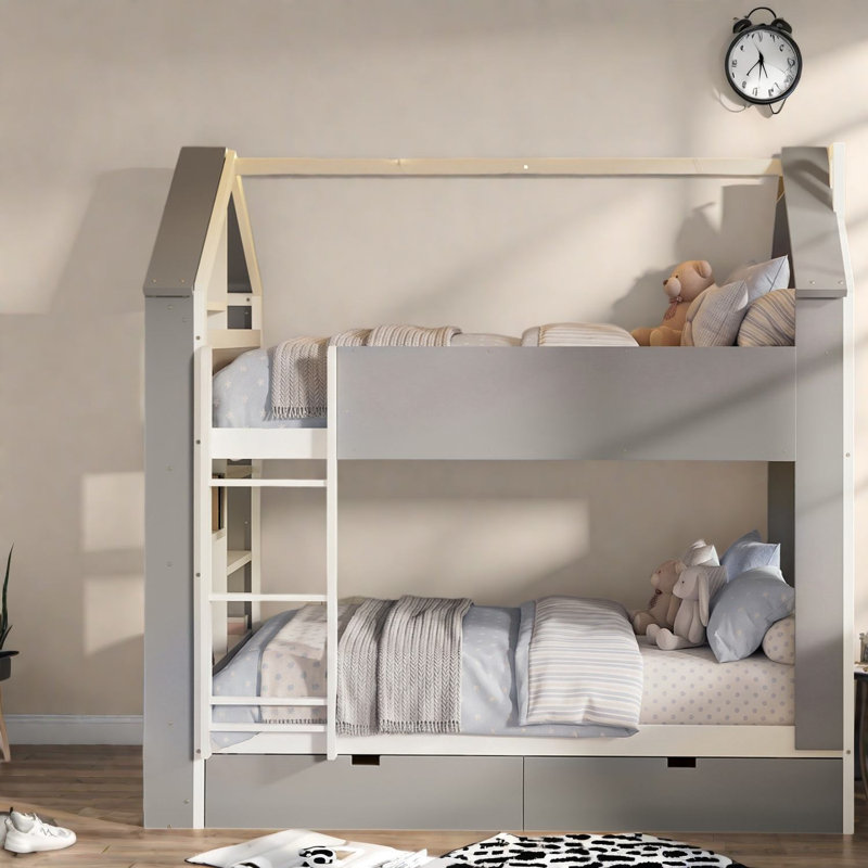 Lits modernes avec rangement, lits superposés en bois (taille standard), pin en MDF, style maison, Blanc