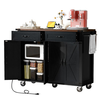 Îlot de cuisine de 53,5 po de large avec prise de courant, abattant pliable, support à épices, 4 tablettes réglables, 2 tiroirs et 5 roulettes, prises de courant à finition bois brun noir, ports, portes,
