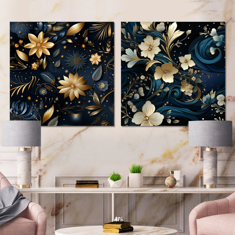 Marchienne - Ensemble de 2 reproductions de toiles abstraites botaniques, Toile tendue, H 16 po x l 33 po x P 1 po