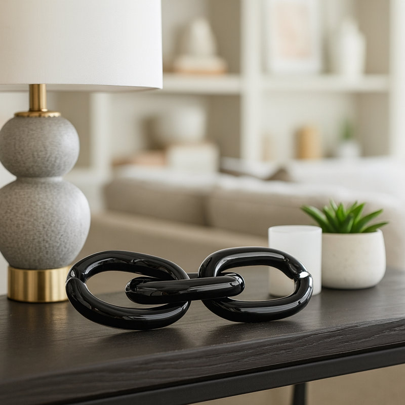 Decorative Glass Chain Link Sculpture Figurine For Home Decor - Modern Decorative Objects For Statue Accent Or Decorations For Living Room - 13", Black