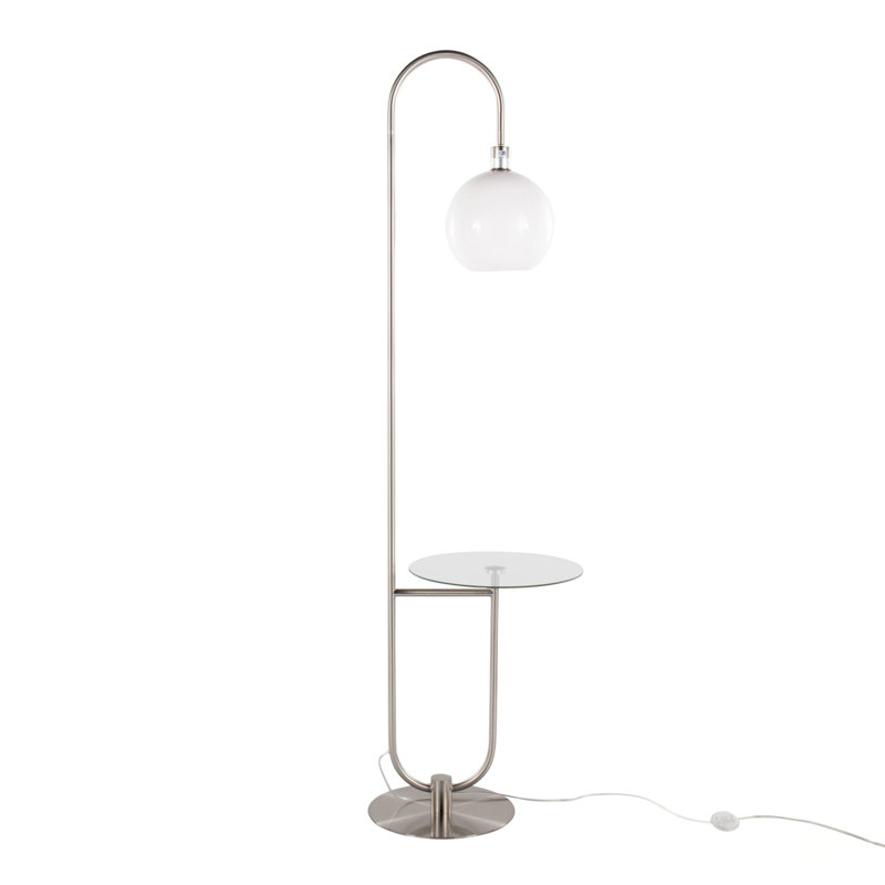 Contemporary Trombone Floor Lamp With Nickel Frame And Clear Glass Shelf, Perfect For Small Spaces And Modern Decor