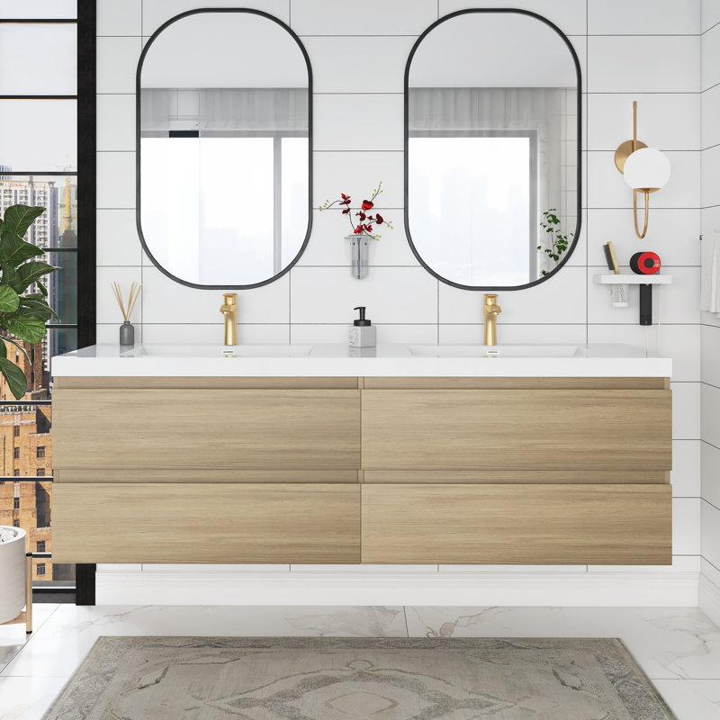 Meuble-lavabo mural 72 po avec plateau en résine Ryton, Chêne naturel