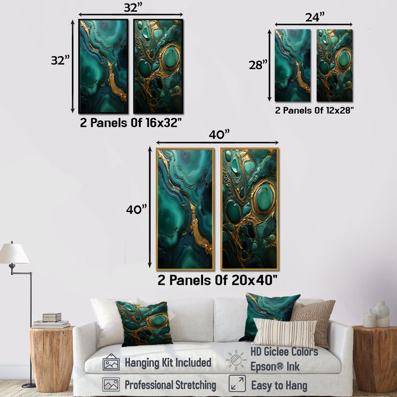 Spiritual Stone Malachite Renewal - Ensemble de 2 impressions sur toile en géode de pierre, H 28 po x l 25 po, Toile tendue