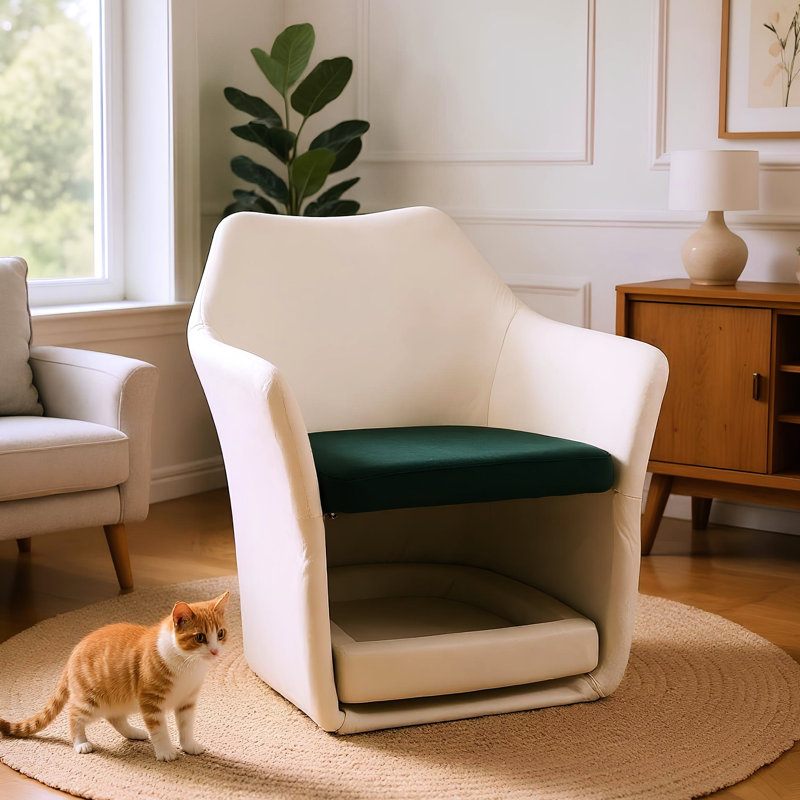Chaise 2 en 1 pour animaux de compagnie, fauteuil, esthétique Mid-Century, revêtement de peau et de tissu d'ameublement doux