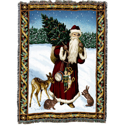 Pure Country Weavers Father Christmas Blanket Red - Santa Claus Saint Nicholas Nick Kris Kringle Deer Rabbit - Gift Tapestry Throw Woven from Cotton - Made in The USA (72x54)