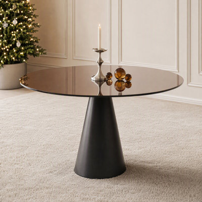 Table de salle à manger ronde en verre trempé 35 po avec plateau en verre trempé et base en acier brun foncé 35 po